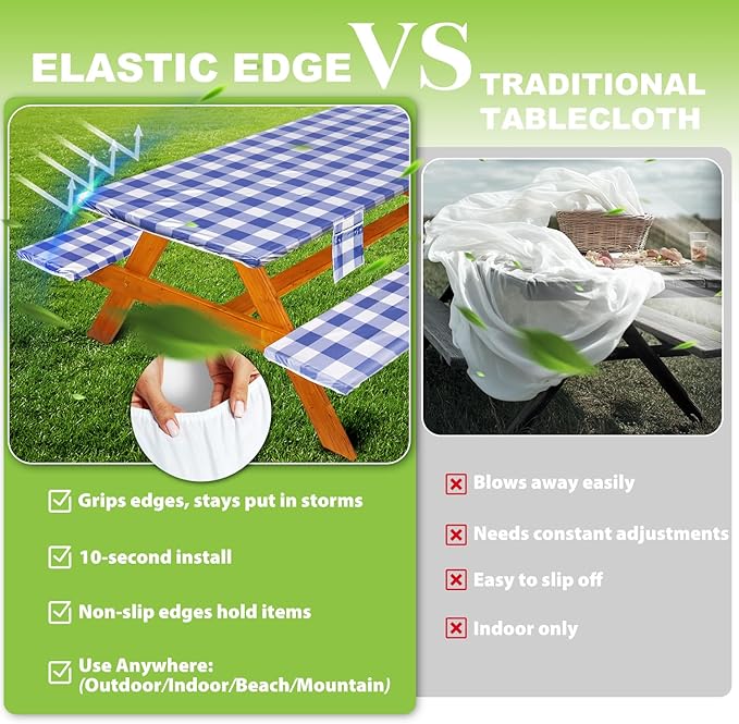 Picnic Table Cover with Bench Covers Vinyl Elastic Edges Fitted Rectangle Seat Tables Waterproof 3-Piece96X30in Set Outdoor Rectangular Folding Backing Tablecloth for Camping Over Size