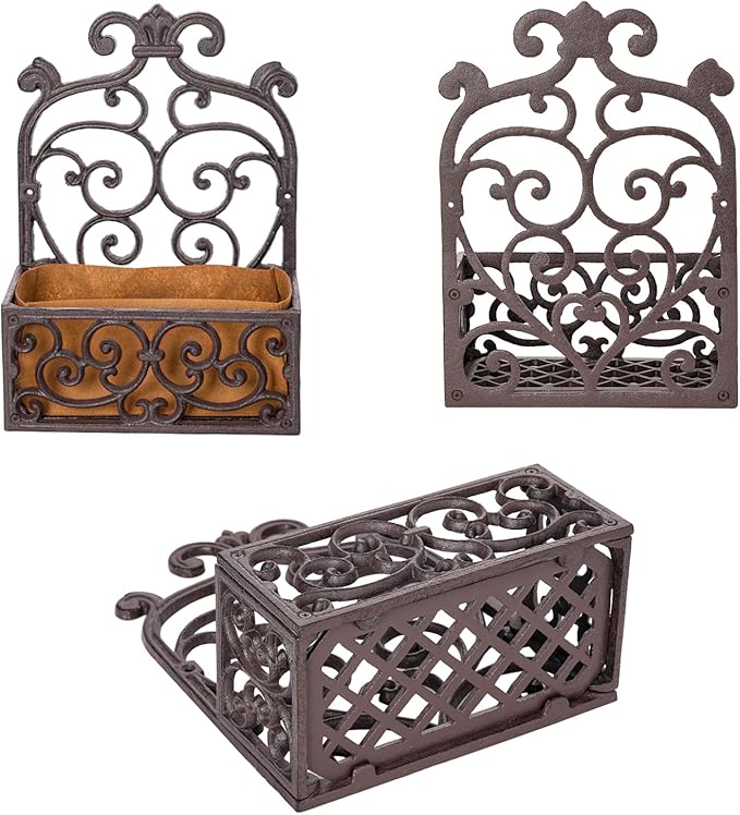 Sungmor Vintage Cast Iron Wall-Mounted Planter Basket with Fabric Liner,Rustic Scrollwork Hanging Flower Holder,Decorative Wall Shelf for Plants,Outdoor Hanging Basket Flower Pot