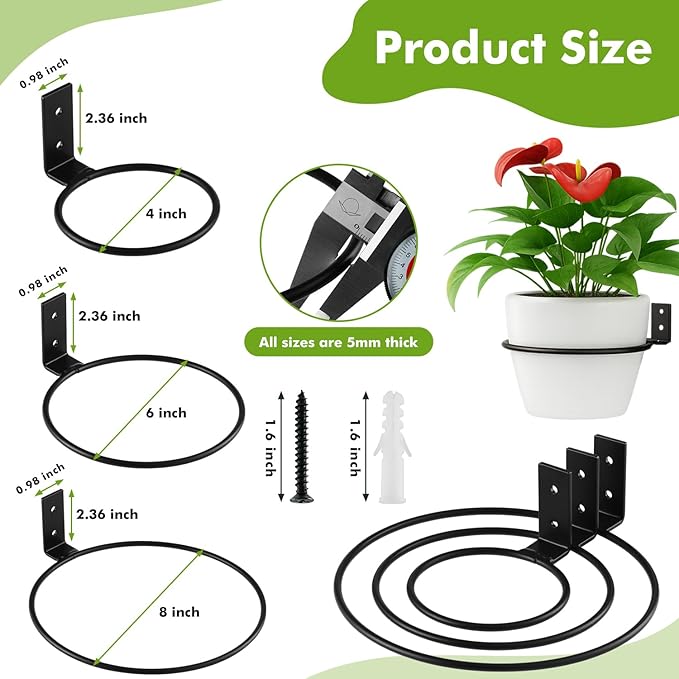8-Pack 6 Inch Flower Pot Holder Ring Wall Mounted Metal Flower Pot Hangers Wall Hanger Bracket Rings Black Planter Bracket for Home, Garden, Indoor Outdoor Pots