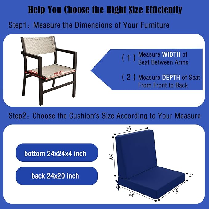 Outdoor Cushions for Patio Furniture, Outdoor Seat and Back Cushion, Waterproof Hampton Bay Deep Seat Replacement Couch Cushions for Garden Lawn, 24x24
