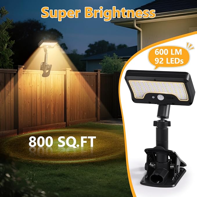 Clip on Solar Lights Outdoor with Motion Sensor, 360°Rotatable & Vertically Adjustable Solar Fence Lights with 92 LEDs (600 LM, 3000 K), IP65 Waterproof Security Light for Chain Link, Gutter, Camping