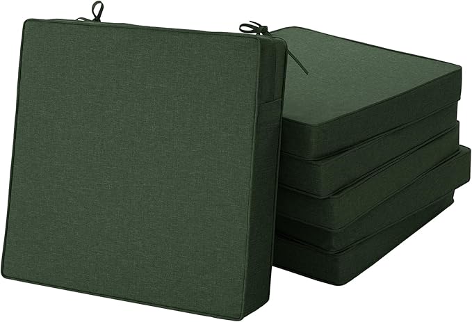 Outdoor Chair Cushions, Water-Resistant & Fade-Resistant, Patio Furniture Seat Replacement Chair Pads with Ties Zipper, Removable Cover, Non-Slip Bottom, Set of 6, 18.5 x 16 Inch, Olive Green