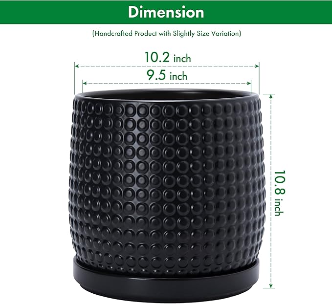 D'vine Dev 10 Inch Ceramic Beaded Stoneware Planter Pot - Flower Pot with Drainage Holes and Saucers for Indoor Succulent Plants or Flowers, Ebony Matte, 27-C-P-6