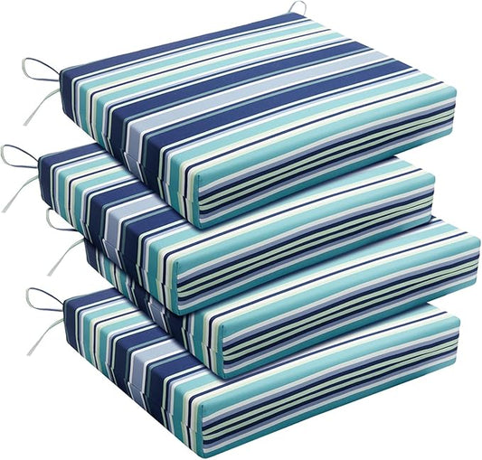 Basic Beyond Outdoor Chair Cushions Set of 4, Square Corner Outdoor Cushions for Patio Furniture, Water Resistant Patio Chair Cushions with 2 Ties, 18.5x16x3, Pinstriped Blue