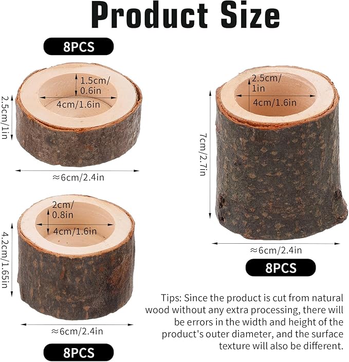 24PCS Wooden Tealight Candle Holder Set, Rustic Wood Tealight Holder with Natural Bark for Wedding Party Home Decor, 3 Sizes (1.6"/ 4cm Inner Diameter)