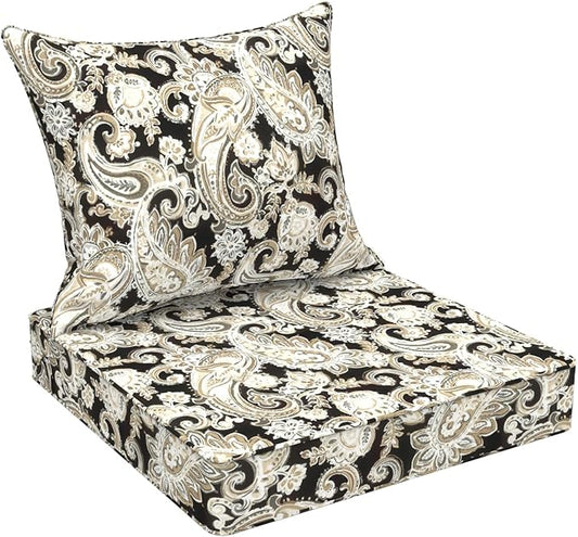 Outdoor Deep Seat Cushion Set, Water Repellent 24"x24" Patio Thick Cushions Replacement with Seat & Back Pillow for Patio Sofa, Wicker Chair, Couch - Paisley Black