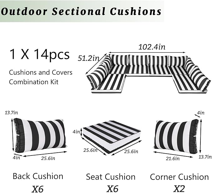 Outdoor Sectional Cushions Replacement Set, 26x26in Patio Furniture Cushions, 14 Pieces Waterproof Outdoor Couch Cushion for 6 Seat Wicker Conversation (Black and White Stripes)