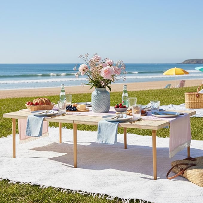 1 Set Low Picnic Table, Foldable Boho Picnic Table with Extra Large Outdoor Camping Blanket Portable Boho Wood BBQ Tables for Camping Wedding Beach BBQ Party (for 8 Person,Wood Color)