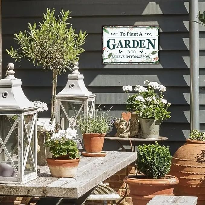 YOYI ART Gardening Sign for Outside - To Plant A Garden is To Believe Tomorrow, Vintage Metal Tin Signs for Patio, Garden, Farmhouse, Porch Wall Decor Art, Gifts for Women Planter, 12 x 8 inch
