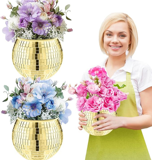 2 Pcs Disco Ball Vase,4.4 x 6 Inch Mirrored Disco Ball Planter,Disco Ball Candle Holders Perfect Disco Decorative Planters for Living Room Bedroom Table Wedding Party Birthday(Gold)