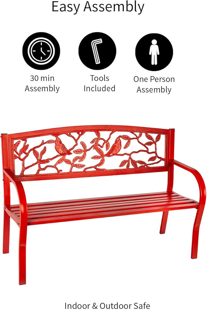 Evergreen Weatherproof Cardinal Outdoor Bench | Holds Up to 300 lbs | Furniture for Lawn Garden Patio Porch Park Deck | Steel | Red