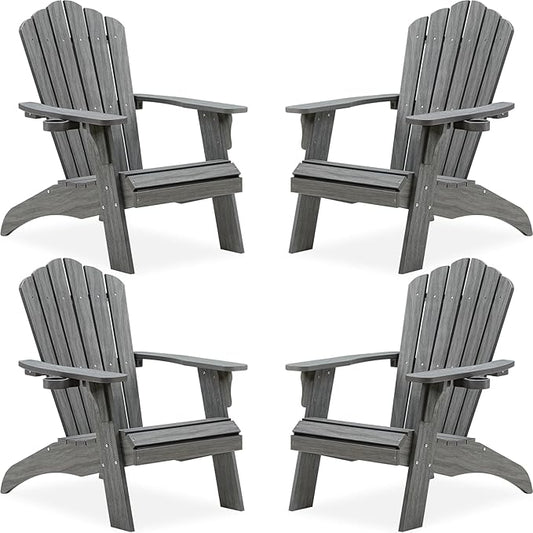 Psilvam Oversized Adirondack Chair, Fade-Resistant & Odor-Free Poly Lumber Fire Pit Chairs with Cup Holder, Weatherproof Outdoor Chair, Easy 15 Min Install Patio Chair, 350 Lbs Support (4, Gray)