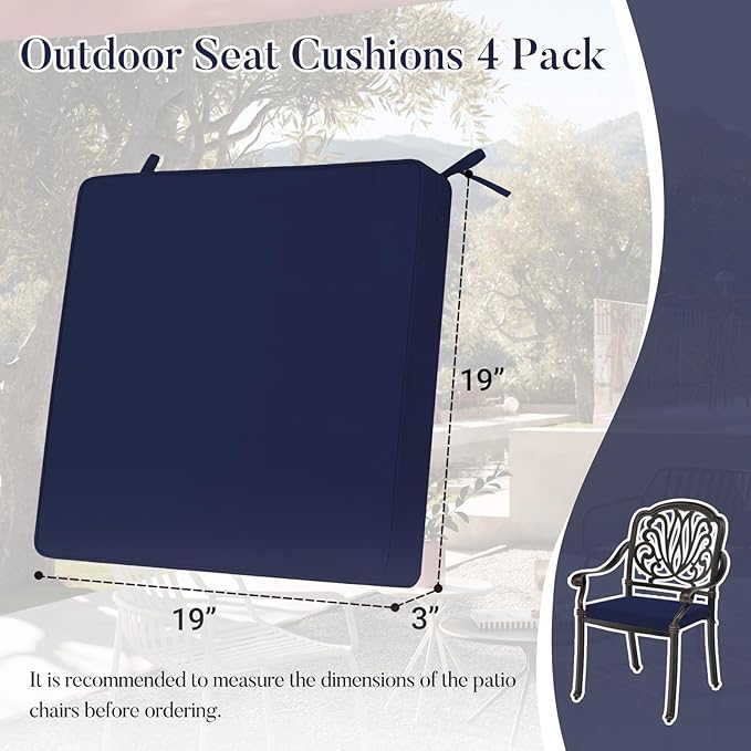 Basic Beyond Outdoor Chair Cushions for Patio Furniture, Waterproof Outdoor Seat Cushions Set of 4 19 x 19, Patio Chair Cushions Set of 4 with Ties and Handle, Navy Blue