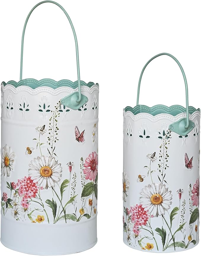 Set of 2 Farmhouse Floral Metal Flower Bucket Vase, Rustic Embossed Daisy Bee Design Planter with Hollowed-Edge, Decorative Pot for Indoor Outdoor Home Garden, Kitchen, Patio