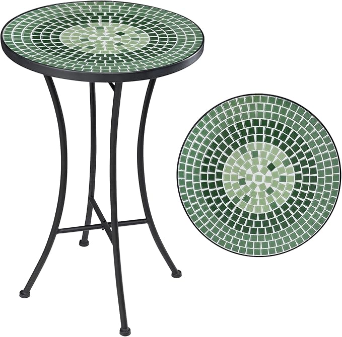 Vipush Mosaic Outdoor Side Table, 14" Round Folding Plant Stand for Patio Garden Backyard Balcony Porch Indoor Accent End Table for Living Room, Ceramic Tabletop with Black Iron, Green