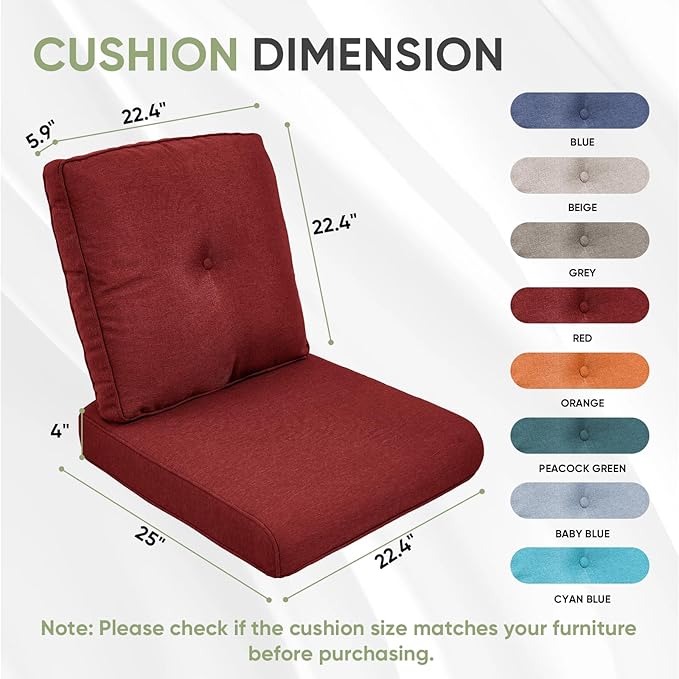 Outdoor Cushion Set of 4, Waterproof Outdoor Seat Cushions 25x22, Patio Chair Cushions for Outdoor Furniture, Couch Cushion Replacement, Include 4 Back & 4 Seat Cushions, Red