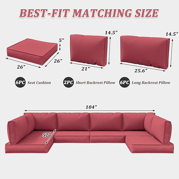 14-Piece Outdoor Cushions for Patio Furniture Thick Outdoor Chair Cushions 5" Foam High-Density Water-Resistant Deep Seat Cushion for 6-Seat Sectional Sets Liner&Cover Fuchsiared