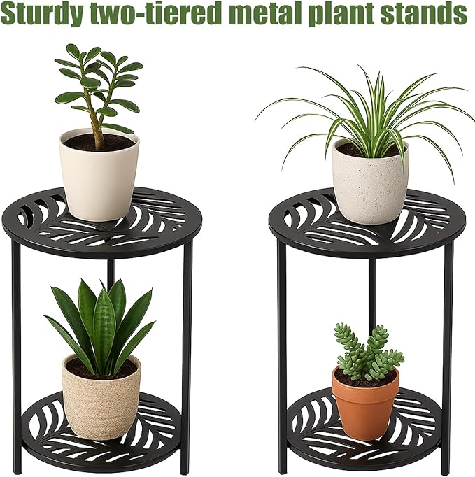 13" Two-tiered Metal Round Side Tables Small Black Outside End Table for Patio Round Accent Garden Corner Stand for Small Spaces Weather-resistant Outdoor Coffee Table for Balcony Porch Plant Stand