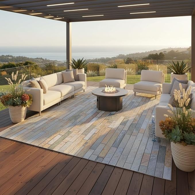 Natural Yellow Brown Grey Brick Stone Wall Texture 7x10 Outdoor Area Rug for Deck Garden Patio Balcony Camping Porch Durable Non Skid Big Rugs Waterproof Stain Resistant Outside Carpet Floorcovers