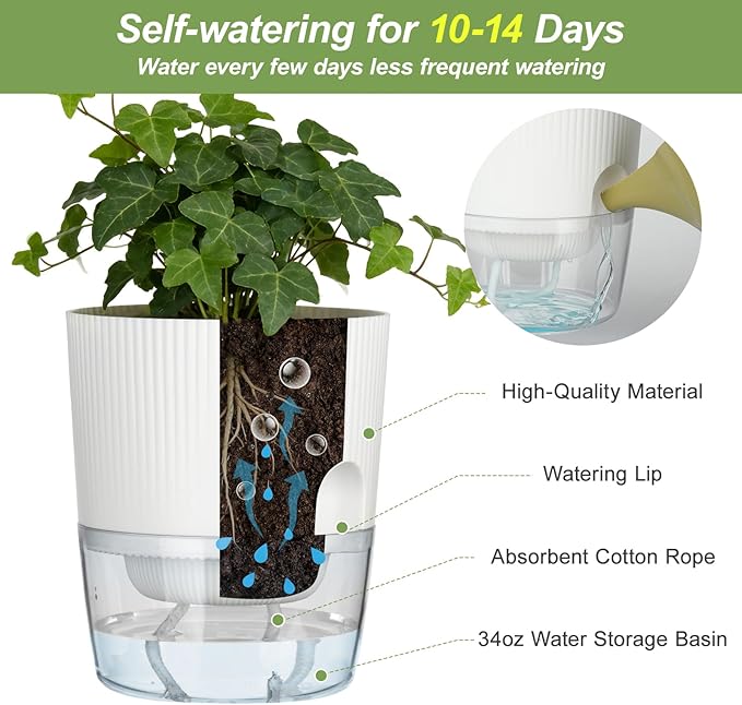 Plant Pots, 4 Pack 5.7 Inch Self Watering Pots for Indoor Plants, Flower Pots with Deep Reservoir and Drainage Holes - White