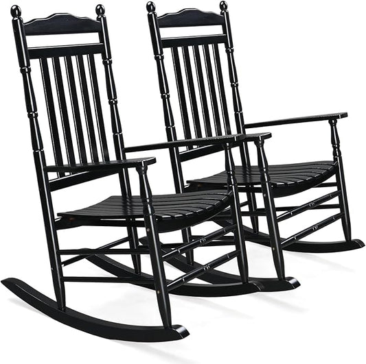 VINGLI Wooden Rocking Chair, Outdoor Chair with 450 lbs Support, Relaxing Rocker with Solid Wood High Back Seat Reclining Seat for Deck, Garden, Backyard, Porch, Indoor or Outdoor Use (Black, 2PCS)