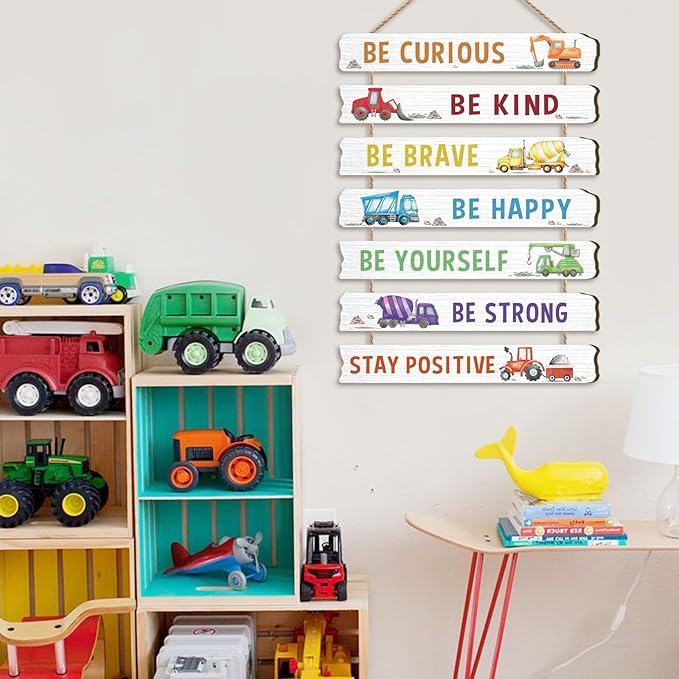 HLNIUC Construction Room Decor for Boys,Motivational Transportation Positive Quotes Hanging Plaque,Cartoon Truck Wall Art,Inspiring Classic Vehicle Hanging Sign for Kids Room Playroom Nursery Decor