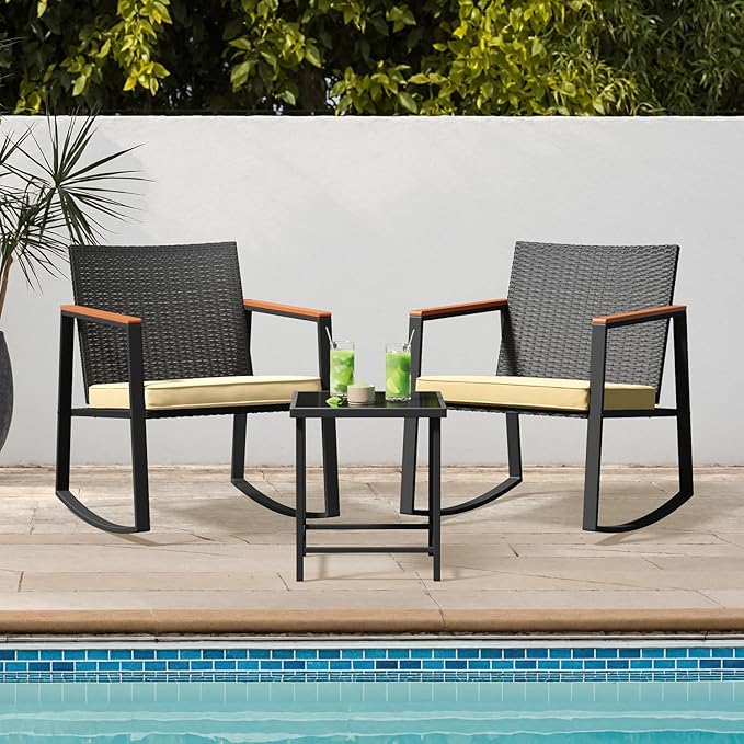 Bealife 3 Piece Patio Set with Cooling Wooden Armrests, Outdoor Rocking Chairs Set of 2 with Glass Table and Cushions, Wicker Patio Bistro Set for Garden, Yard, Balcony, Porch (Beige)