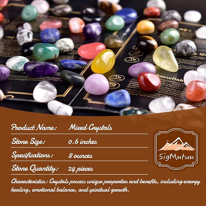 Polished Colorful Crystal Stone Set – 24 Types, 0.6" Large Tumbled Gemstones, Bulk Decorative Pretty Rocks Collection for Meditation, Reiki, Healing, Mancala Stones and Crafts