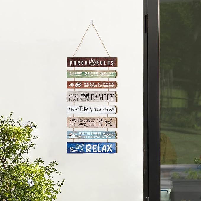 HLNIUC Porch Rules Wall Decor,Relax Sign Wooden Plaques,Inspirational Hanging kits,Family Positive Sayings Wooden Wall Art set of 8(19x12inch) Farmhouse Decor For Garden Yard Porch Home Decor