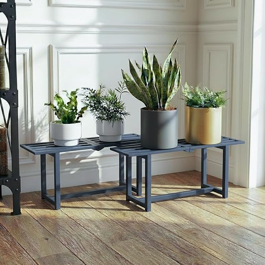 2 Pack Metal Plant Stand, Foldable Heavy Duty Indoor, Window Iron Plant Shelf - Mid Century Modern Slatted Bench for Patio, Garden, Living Room Load Bearing 330 lbs 26" L x 10.4" H x 8.6" W 1 Tier 1 Tier Grey