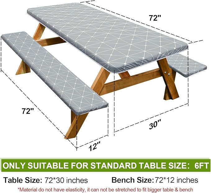 Picnic Table Cover with Bench Covers 6FT 3 Pcs Waterproof Windproof Aesthetic Camping Tablecloth with Drawstring Bag, Fitted for 6 Foot Rectangle Tables and Seats, 72 inch, Grey