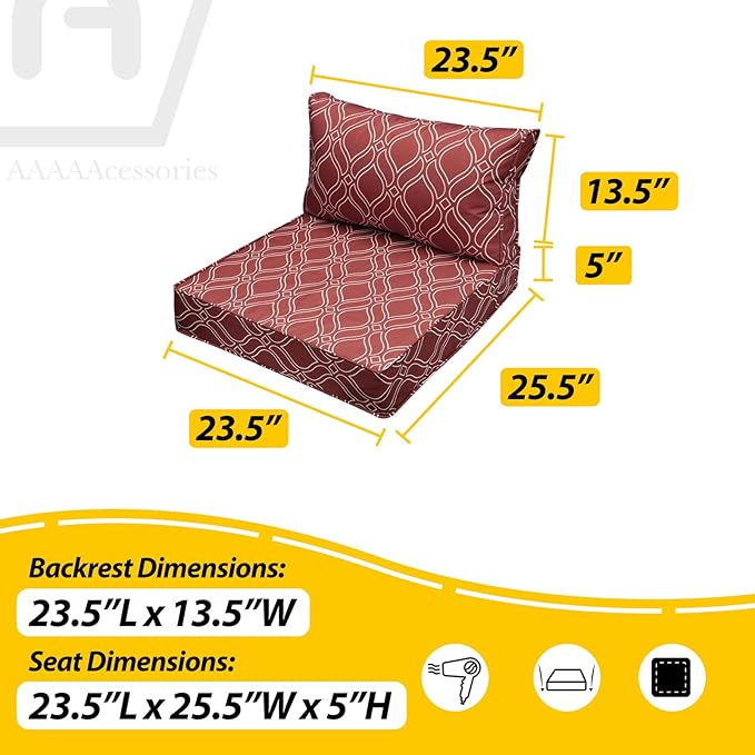 AAAAAcessories Outdoor Seat Cushions for Chairs, Fade-Resistant, Waterproof Patio Furniture Replacement Cushions, 23.5" x 25.5" x 5" + 23.5" x 13.5", Set of 2, Clay Red Vine Trellis