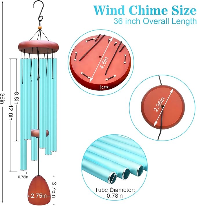 Large Aluminium Wind Chimes Outside, Soothing Melodic Memorial Sympathy Wind Chime, Suitable Outdoor Garden Decor, Gift for Mom Women Neighbors (Blue Wind Chime-36“)