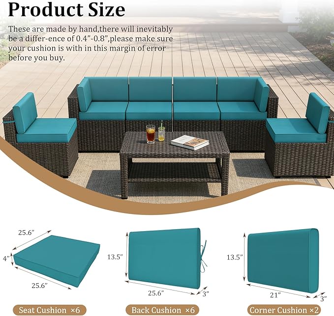 14 Pcs Outdoor Replacement Cushions for Patio Furniture, All Weather Water Resistant Cushion for 6 Seat Rattan Wicker Sectional Patio Conversation Sets and Couch (Turquoise)