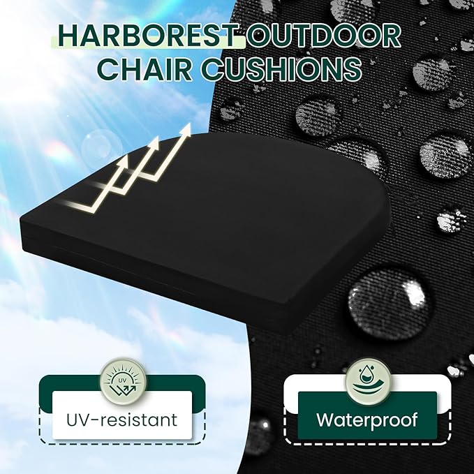 HARBOREST Outdoor Chair Cushions Set of 6, Water Resistant Patio Chair Cushions with Ties, Outdoor Seat Cushions for Patio Furniture, 17"x16"x2", Black