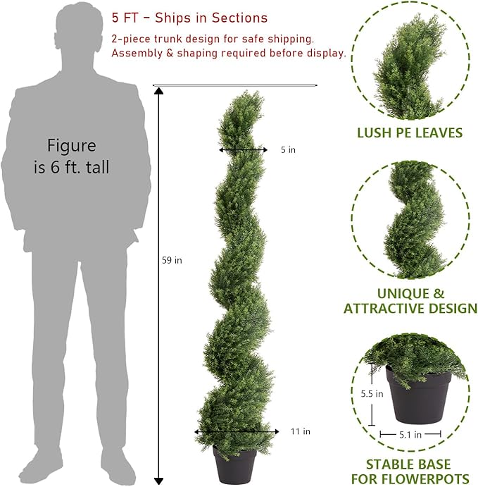 THE BLOOM TIMES 5ft Artificial Topiary Trees Set of 2, Faux Cedar Cypress Spiral Topiary Trees Outdoor - Fake Plants for Garden Front Porch Indoor Outside Planter Decor 5 Foot