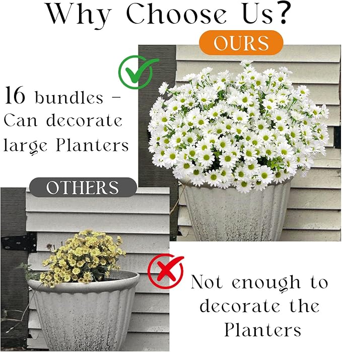 16 Bundles Silk Daisy Artificial Flowers for Outdoors UV Resistant Fake Daisies Plastic Plants Flower for Home Outside Front Door Porch Garden Patio Planters Decoration (White)