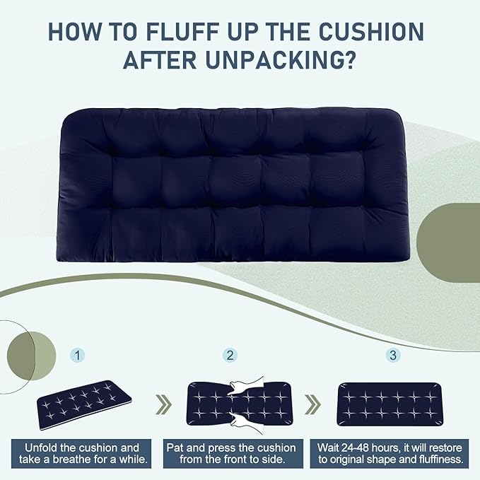downluxe Outdoor Bench Cushion for Patio Furniture, Waterproof Tufted Overstuffed Porch Swing Cushions, Thick Outdoor Loveseat Cushions, 59" x 18" x 5", Navy, Set of 1