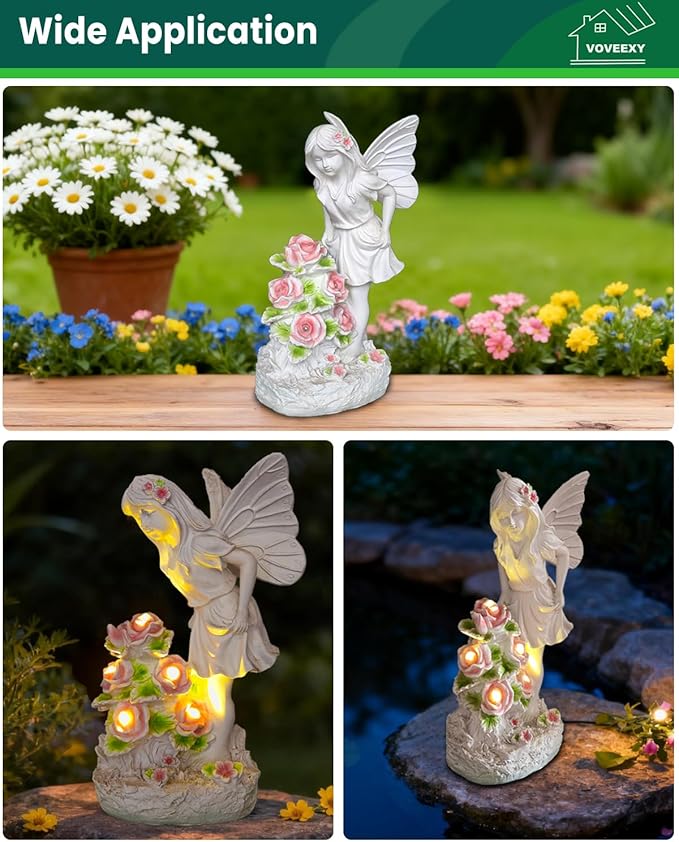 Garden Figurines Angel Garden Statue Outdoor Decor, Solar Powered Resin Sculpture with 5 LEDs Art Decoration for Patio Lawn Yard Porch, Ornament Housewarming Gift, 11“ H