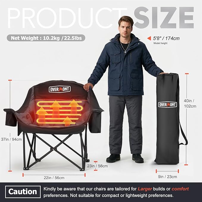 Overmont Heated Oversized Camping Chair for Adults - 3 Heat Levels Seat & Back Separately Control - 400lbs Support Heavy Duty Padded Folding Chair Outdoor Garden Portable - Battery NOT Included