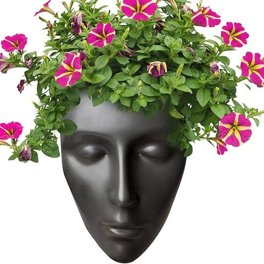 Ceramic Face Wall Planter, Black Head Vase with Drainage Hole, Modern Art Indoor Outdoor Wall Mounted Succulent Planter, Elegant Home Garden Decor
