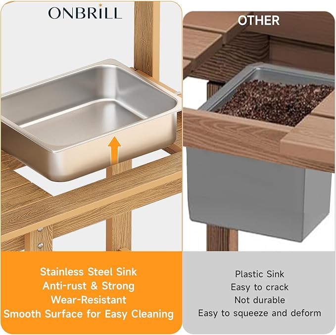ONBRILL Potting Bench, Outdoor Potting Bench Table with Removable Sink, HDPS Potting Benches for Outside, Garden Table with Storage Shelves & 4 Side Hooks, No Rot, No Fade, No Break, 360lbs Capacity