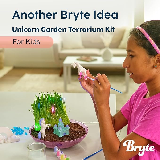 BRYTE Light Up Unicorn Terrarium Kit - Blue & Pink Round Plastic Dome, Ages 4-12 - Fairy Garden Kids Kit with Seeds & Terrarium Rock