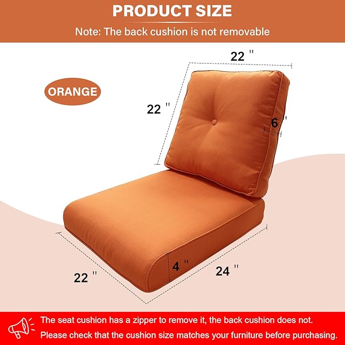 Outdoor Chair Cushions 7 Sets - 22 * 24" Patio Furniture Cushions with Removable Cover, 28D High Density Sponge Filling Outdoor Patio Cushions for Chairs, Rocker, Sofa and Loveseat - Orange