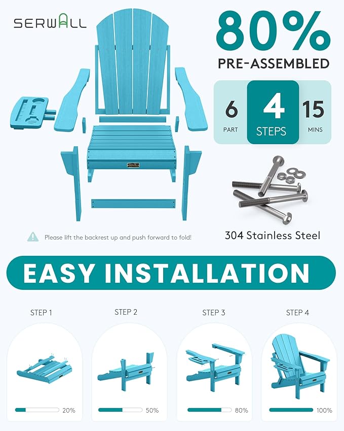 SERWALL Folding Adirondack Chair, Outdoor Adirondack Chairs with 4 in 1 Cup Holder, Wood Texture, Weather Resistant Plastic Patio Fire Pit Chairs for Garden, Backyard, Deck, Lawn - Light Blue