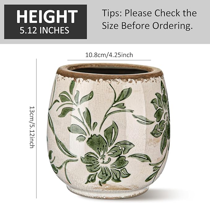 Vintage Ceramic Flower Pot with Ice Crackle Rustic Planter with Drainage Holes for Indoor and Outdoor Decor Home Living Room Garden Decor Gardening Gift(Rustic Style)