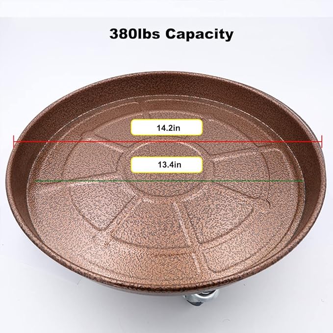 ARTLINE 14" Round Plant Stand with Lockable Wheels, 380lbs Heavy Duty for Indoor Outdoor, Large Rolling Dolly Planter Caddy on Casters to Carry Potted Flower Pot, Round Metal Tray NO Holes, 2 Pack