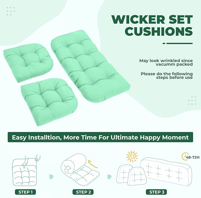 Wicker Chair Cushions, Waterproof Outdoor Loveseat Cushions for Patio Furniture, Tufted Wicker Furniture Cushions, 1 Loveseat and 2 U-Shaped Cushions, Cyan