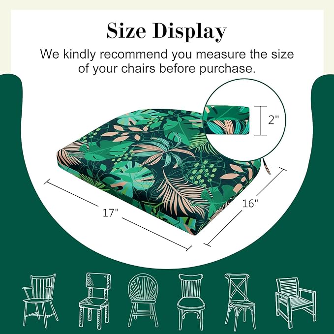 Cozyide Outdoor Chair Cushions, Waterproof Patio Seat Cushions with Adjustable Straps, Round Corner Patio Chair Cushions for Garden, Green Leaf, 17x16x2 Inch (Pack of 4)