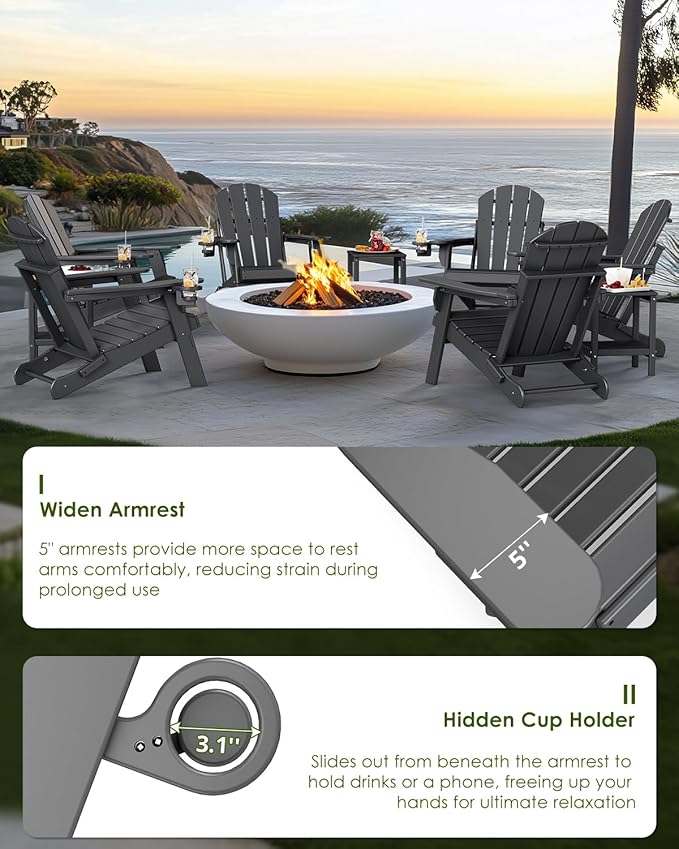 GREENVINES Folding-Adirondack-Chairs-Set-of-4 | HDPE Plastic | Fire Pit Chair | All Weather | Cup Holder | Grey | for Deck Backyard Patio Outdoor Garden